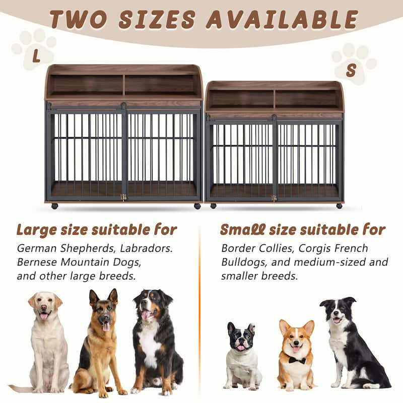 Heavy Duty Dog Crate with Lockable Wheel, Wooden Dog Crate Dog Kennel for Medium/Large Dog, End Table Crate with Storage