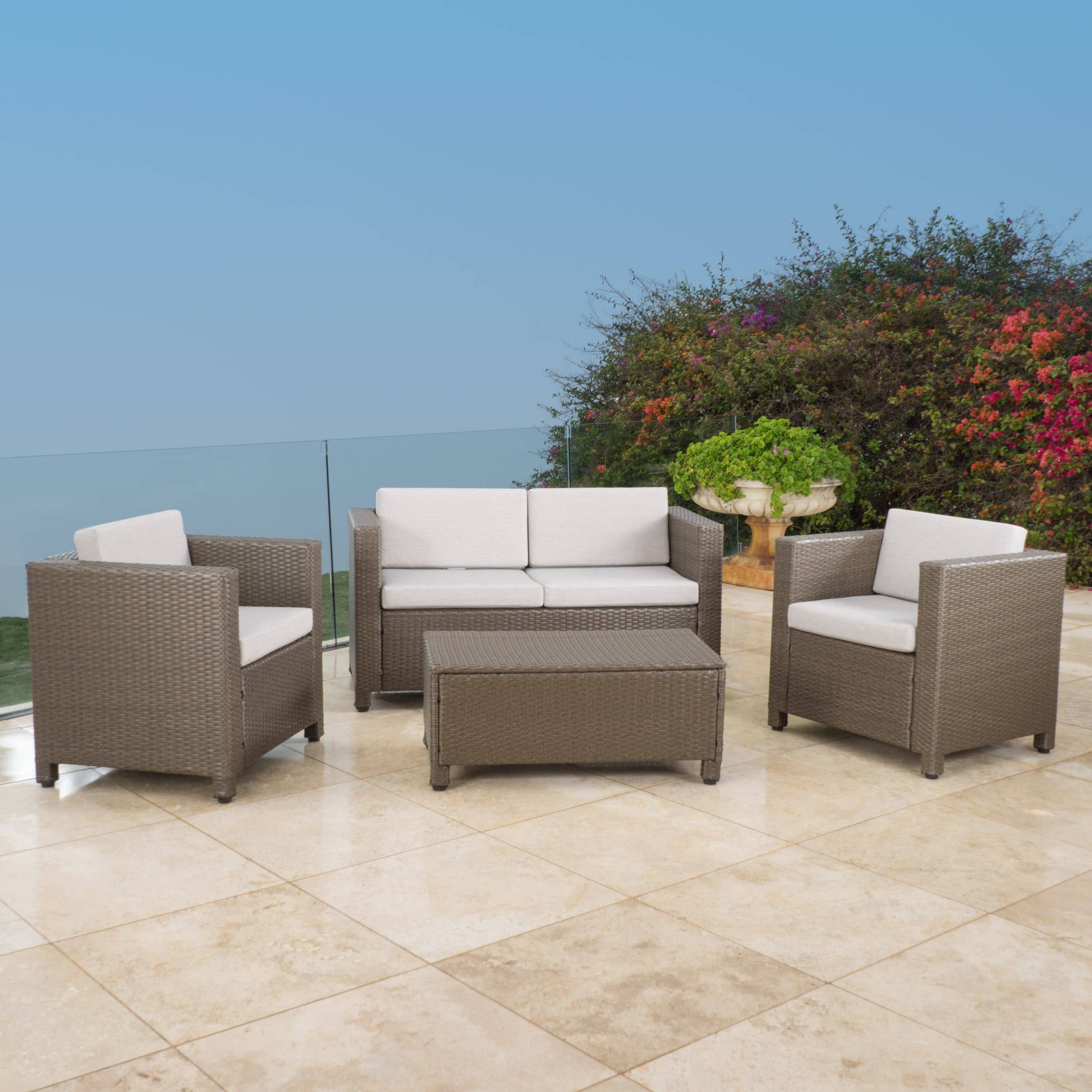 Christopher Knight Home 216283 Montague Outdoor 4-Piece Brown Wicker Sofa Set Beige Christopher Knight Home 216283 Montague Outdoor 4-Piece Brown Wicker Sofa Set Beige