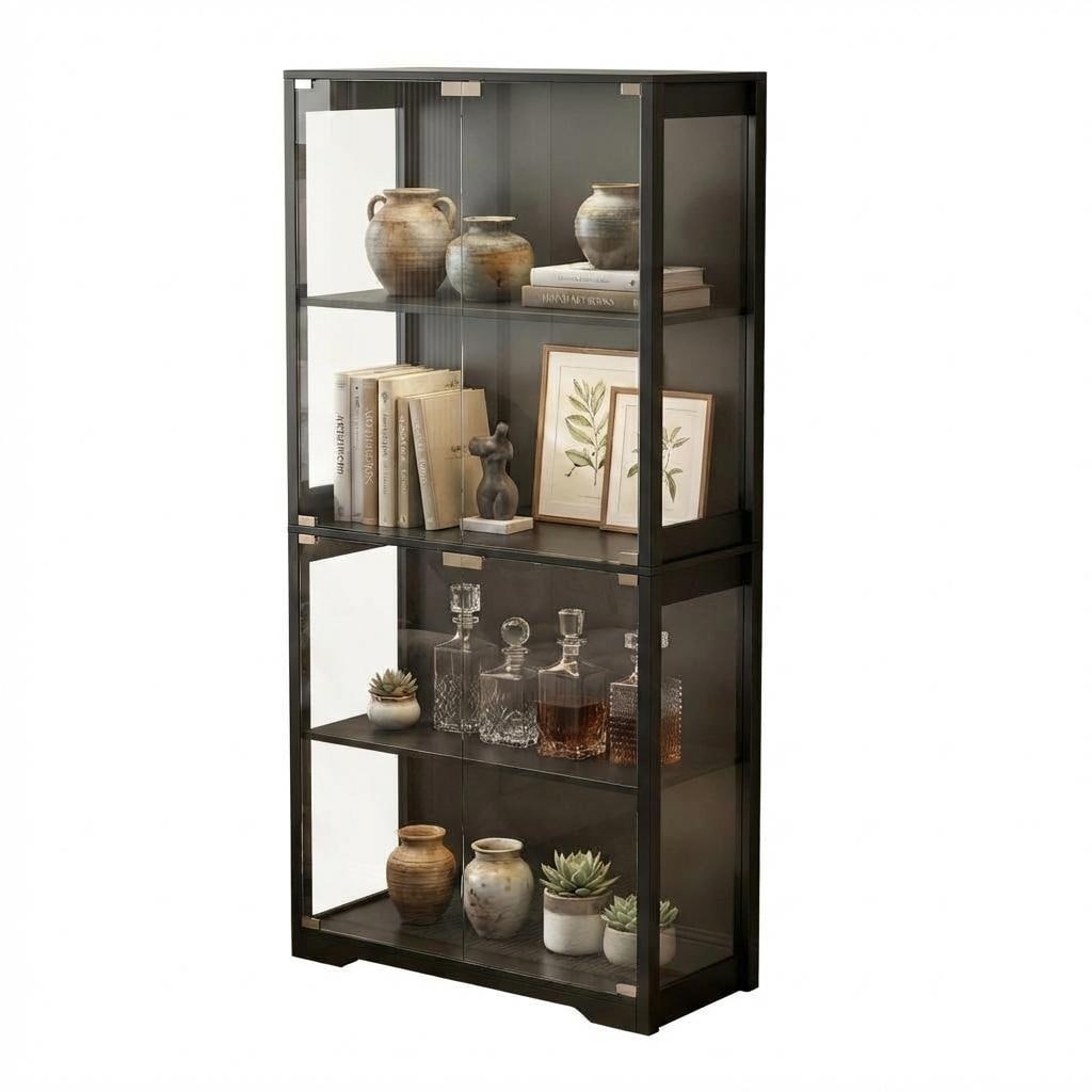 Glass Display Cabinet 4-Tier, Curio Cabinets with Glass Doors, Storage Cabinet with Lights, Human Body Sensor