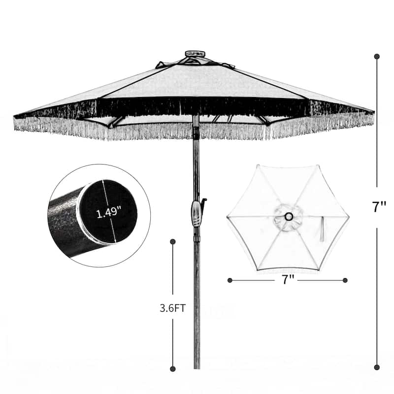 Ainfox 7FT Outdoor Patio Umbrella with Tilt Fringe Tassel Umbrella with LED Solar Lights
