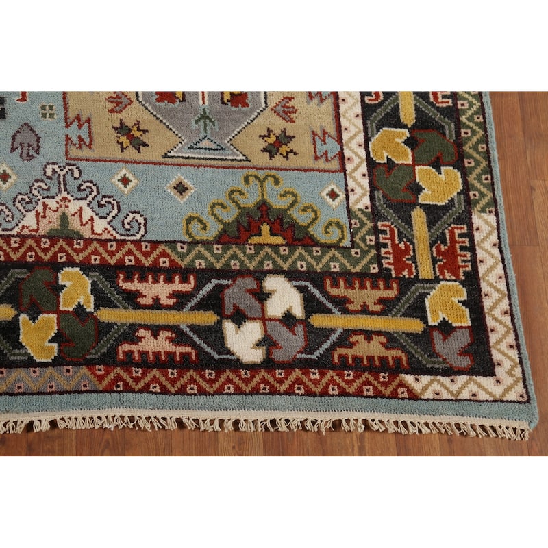 Light Blue Geometric Kazak Indian Area Rug Hand-Knotted Wool Carpet - 8'0"x 10'2"