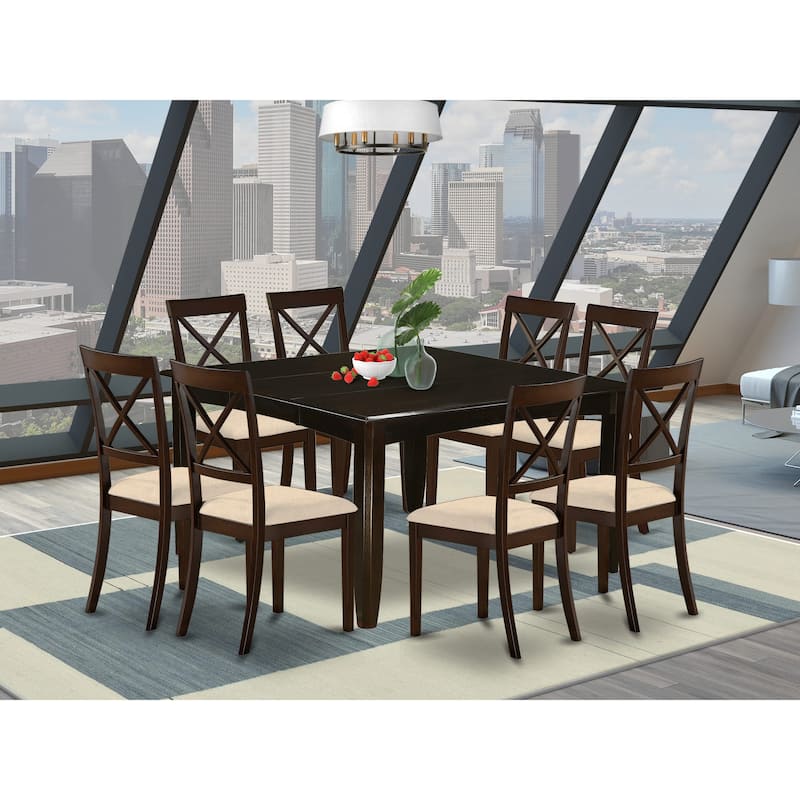 East West Furniture 7 Piece Dining Set Consist of a Square Dining Table and 6 Linen Fabric Chairs, Cappuccino(Pieces Option)
