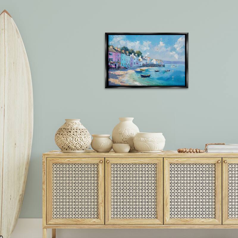 Stupell Seaside Village Cottages Framed Floater Canvas Wall Art Design By LSR Design Studio