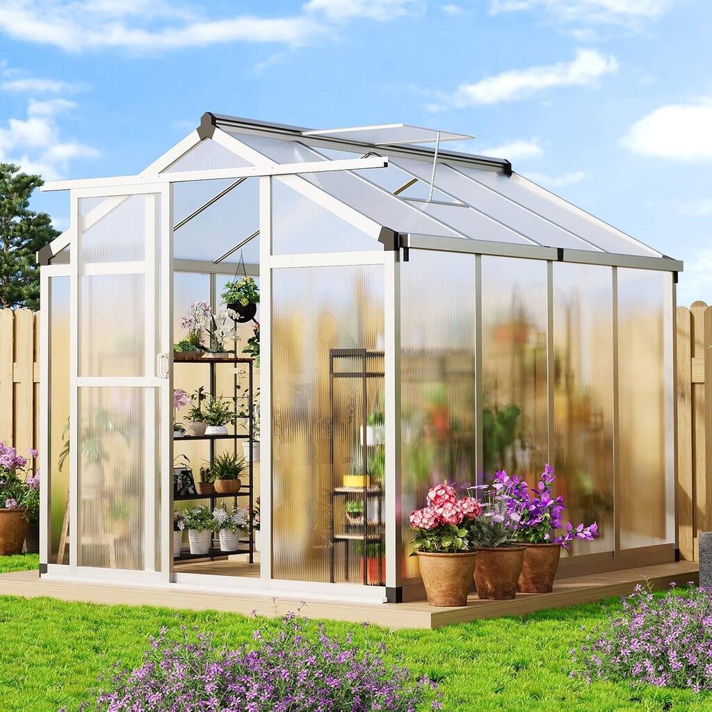 6x8 Ft. Large Walk-In Outdoor Polycarbonate Greenhouse Perfect For Backyards, Patios, And Lawns Sliver - 6 x 8 x 6.5FT