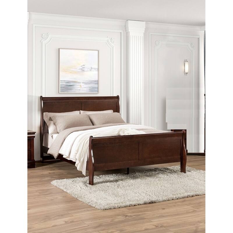 Full Size Dark Cherry Sleigh Bed with Wooden Bracket Feet