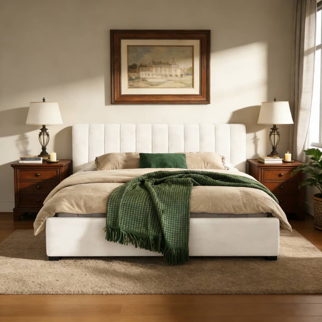 King Size Upholstered Bed Frame with Linen Fabric - Thick Headboard & Solid Wood Legs
