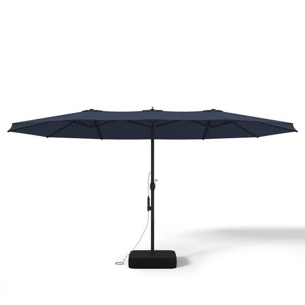 4 sided patio umbrella PURPLE LEAF 15x9ft Double-Sided Rectangular Outdoor Market with Base, Light Grey Perfect for outdoor dining Jardinico Aluminum Quad Side Post