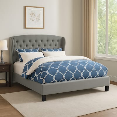Jimi California King Bed, Upholstered Wingback Headboard, Gray Polyester