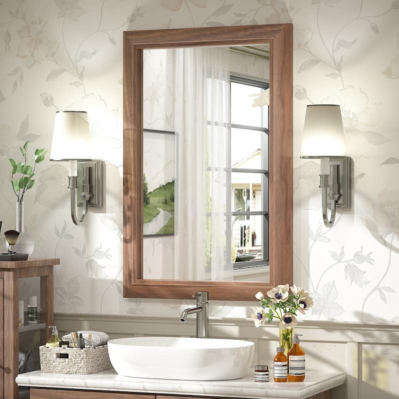 Beveled Metal Rectangle Framed Bathroom Vanity Tempered Glass Mirrors - 36" x 24" - Dark Brown