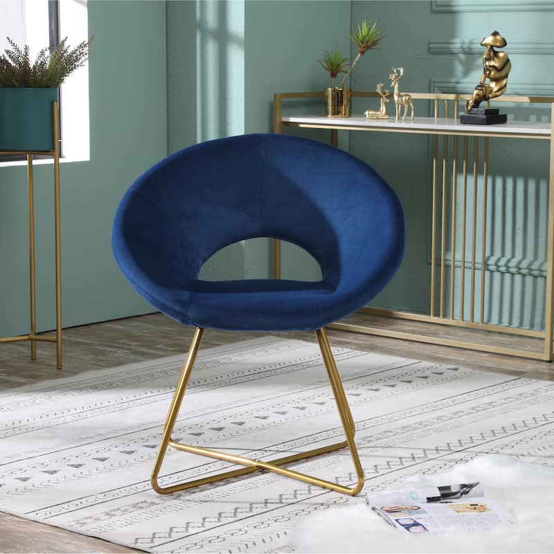 Blue Modern 28" Polyester Upholstered Accent Chair with Gold Tone Finished Base and Metal Sled Legs
