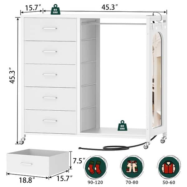 dimension image slide 2 of 3, Kid's Closet Organizer with Fabric Drawers and Mirror, Rolling Dresser and Chest with Charge Station