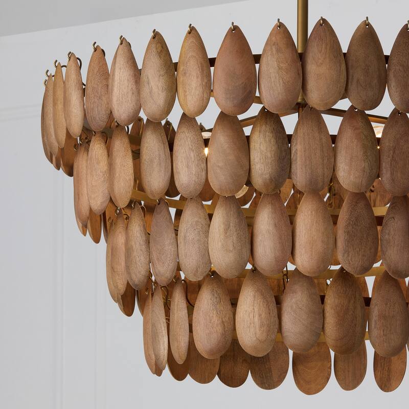 4-Light Pendant in Hand-distressed Patinaed Brass and Handcrafted Mango Wood