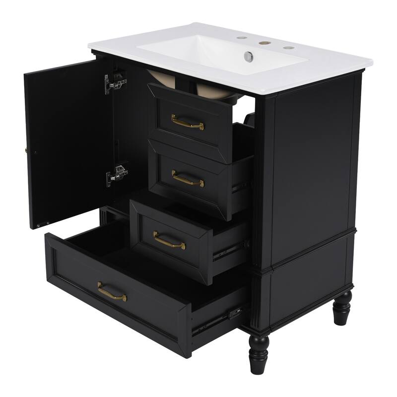 30" Bathroom Vanity wCeramic Sink, Cushioning Door & Drawers, Solid Wood Legs & MDF Board, Adiustable Foot Pads Bathroom Cabinet