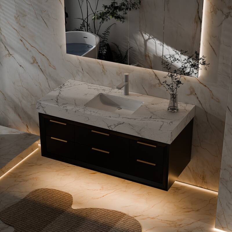 Modland 48" Modern Floating Bathroom Vanity with Single Sink, Soft-Close Drawers, White Stone Countertop