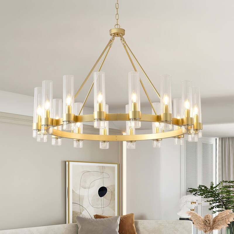 16 - Light Circular Chandelier, Gold/Black, Glass & Metal