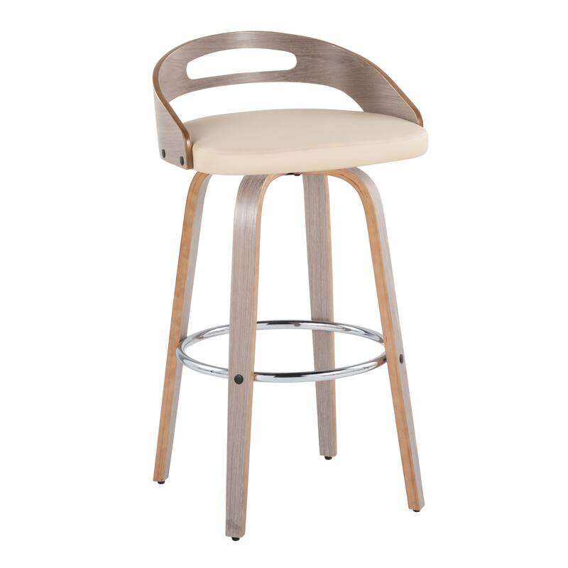 Carson Carrington Sadie 30" Fixed-Height Bar Stool with Bent Wood Legs & Round Footrest (Set of 2) - Cream Faux Leather/Light Grey Wood/Chrome Metal