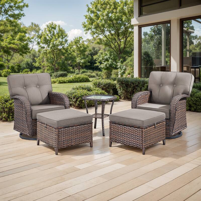 TWrap Brown Wicker Patio 5-Piece Swivel Gliders Conversation Set with 5-Inch Thick Cushions