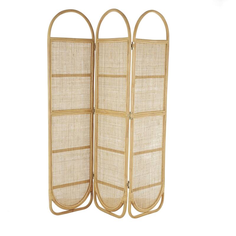 Rattan Geometric Woven Arched Oval 3 Panel Partition Room Divider Screen - Light Brown - Roche River Decor - 17"W x 51"L x 71"H