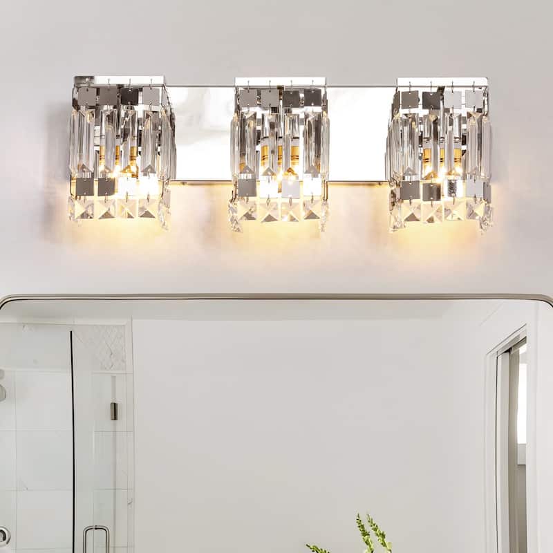 3-Light Modern Glam Chrome Finish Rectangle Crystal Bathroom Vanity Lights - 19.7 in. W x 5.1 in. D x 7.1 in. H