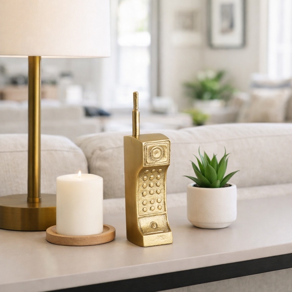 Decorative Metal Cordless Phone Figurine Sculpture - 8", Gold - 8.0"