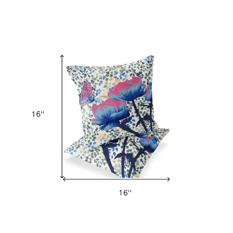 HomeRoots Set of Two 16" X 16" Blue and Pink Butterfly Blown Seam Floral Indoor Outdoor Throw Pillow - 16.00' X '16.00' X '5.00