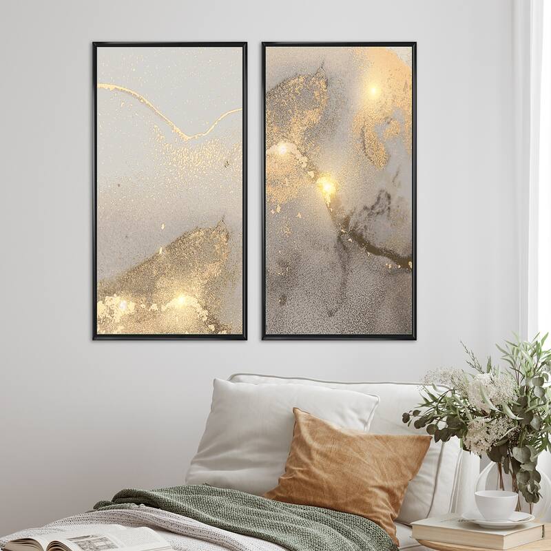 Designart "Grey & Gold Marble Liquid Art II" Abstract Framed Art Set of 2 Pieces