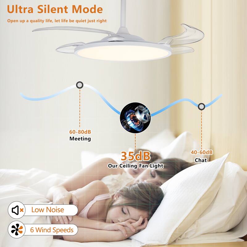 42 Inch Retractable Ceiling Fan with Light, Smart APP/Remote Control Ceiling Fan Light for Bedroom Living Room