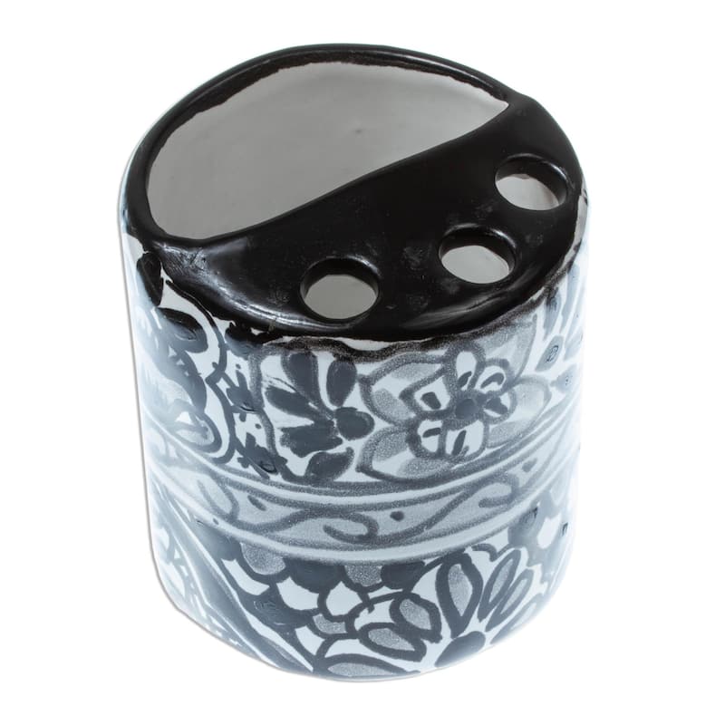 Novica Handmade Monochrome Flowers Ceramic Toothbrush Holder - Black