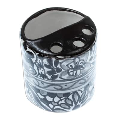 Novica Handmade Monochrome Flowers Ceramic Toothbrush Holder - Black