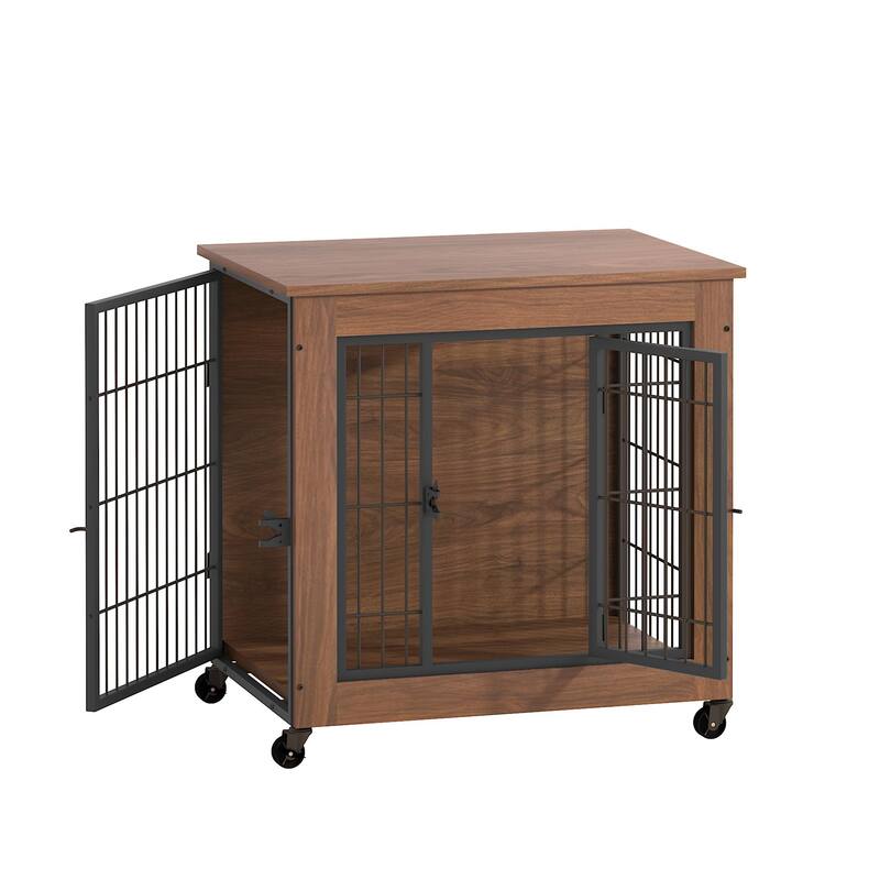 27.2" Dog Crate Furniture with Wheels for Small Dogs, Heavy Duty Dog Kennel Indoor with 2 Doors, Double-Doors Sturdy Dog Cage