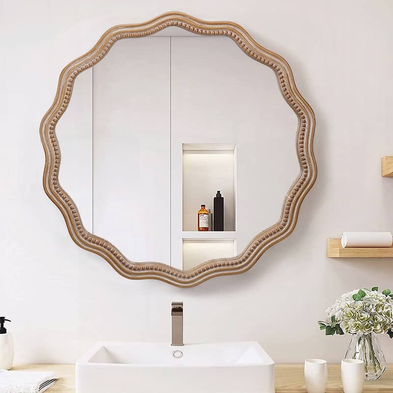 Large Decorative Wood Framed Hanging Circle Mirror - Antique Natural