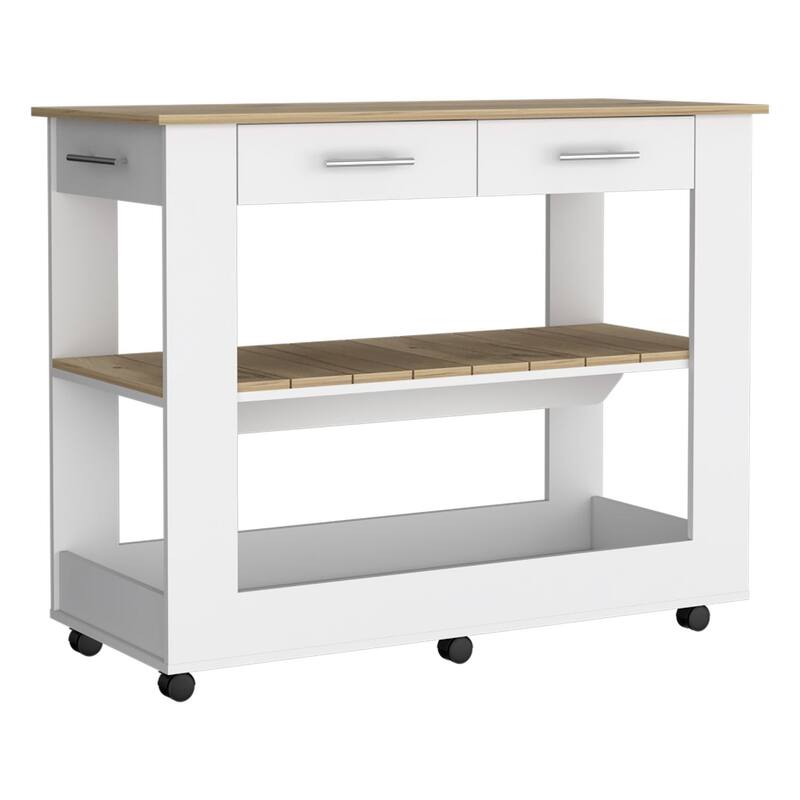 36" Kitchen Island with Storage Drawers, Casters, Towel Rack, White & Oak Finish, Modern Design