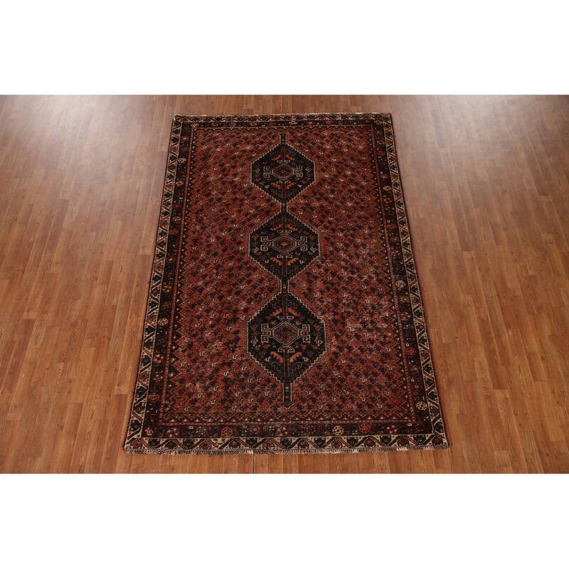 Vegetable Dye Coral Qashqai Persian Antique Rug Handmade Wool Carpet - 5'11"x 9'0"
