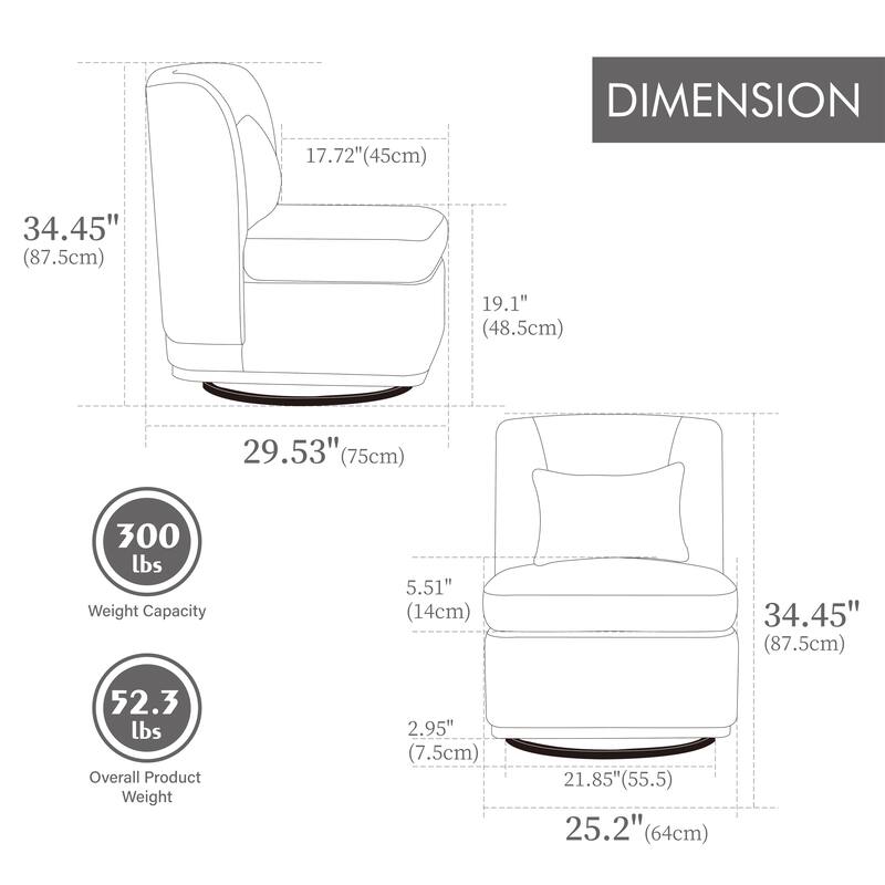 25.2 "Wide Modern Chenille Cushioned Armless Metal Base 360° Swivel Chair with Pillow, Lounge Area