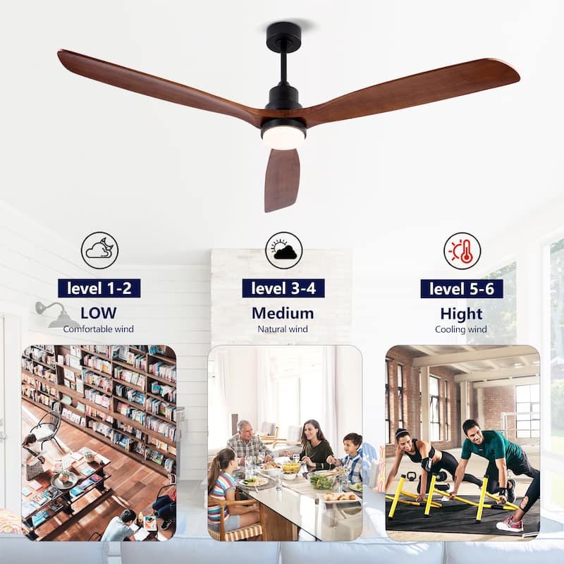 72 Inch Modern Ceiling Fan With 3 Color Dimmable 3 Solide Wood Blades Remote Control Reversible DC Motor With LED Light