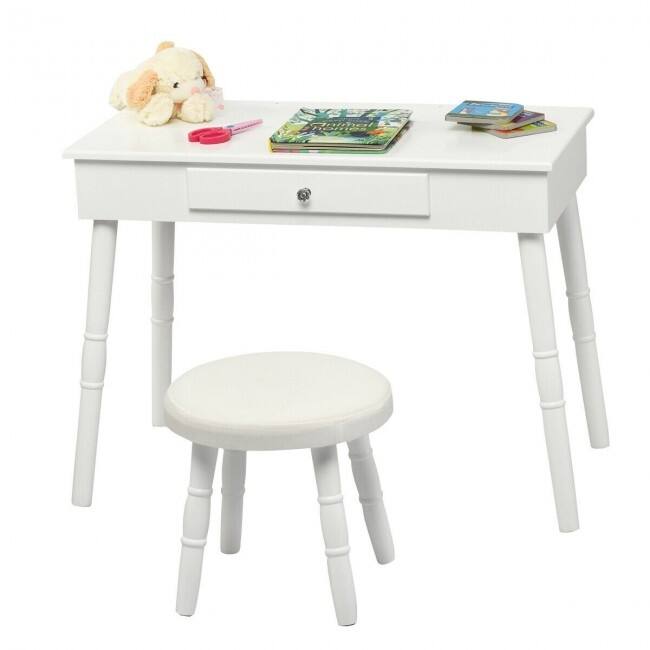 Young Princess Wooden Makeup Vanity Table Set with Padded Stool-White - 27.5" x 13.5" x 40"(L x W x H)