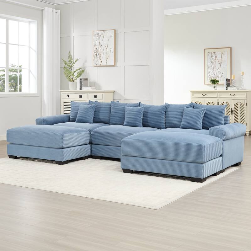 Roomfitters 130 Inch Modular Sectional Couch, Oversized Corduroy 3-Seater with Deep Seats, Blue - Blue 130" U-Shape