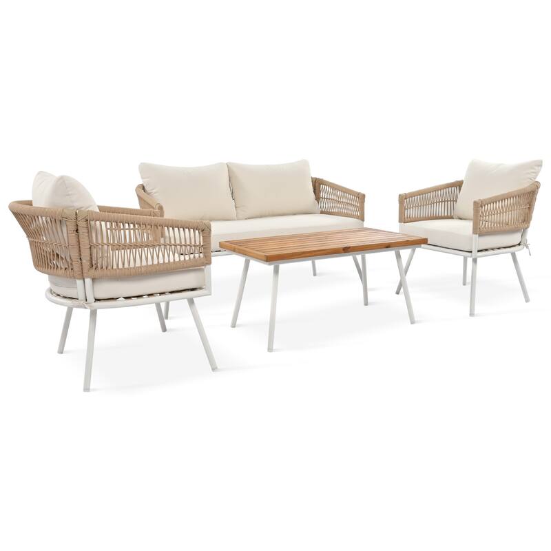 4-Piece Boho Sling Patio Conversation Set Outdoor Seating Set with Gray Cushions and Acacia Wood Coffee Table - Beige
