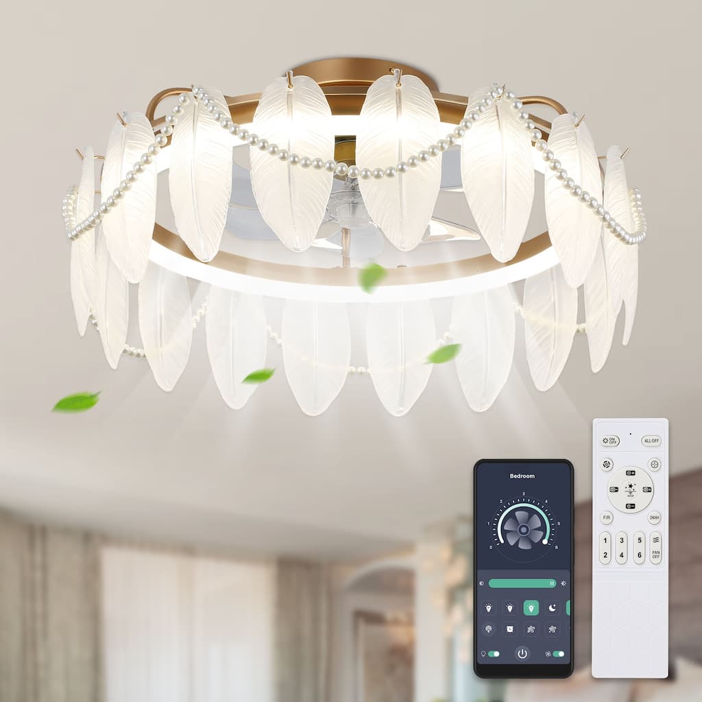 20" Ceiling Fan and Dimmable LED Light Kit with Crystal Shade and Hanging Pearl 3 Color Tone 6 Fan Speed Remote and App Control
