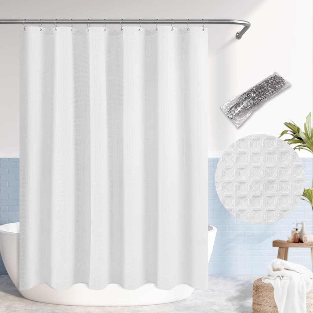 Dobby Waffle Shower Curtain with 12 Metal Hooks