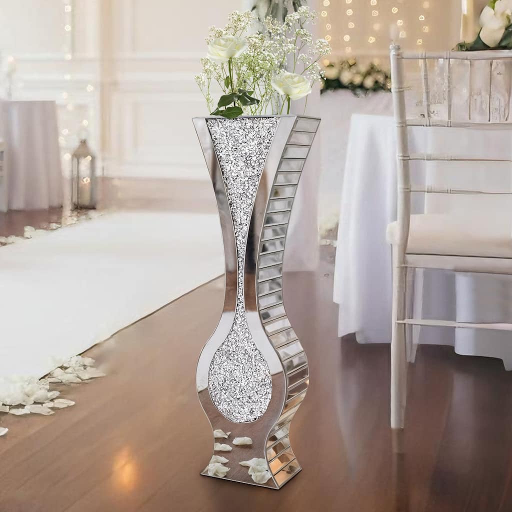 Silver 27" Tall Mirrored Vase Crushed Diamond Floor Vase Pampas Faux Flower Vase Glam Decor