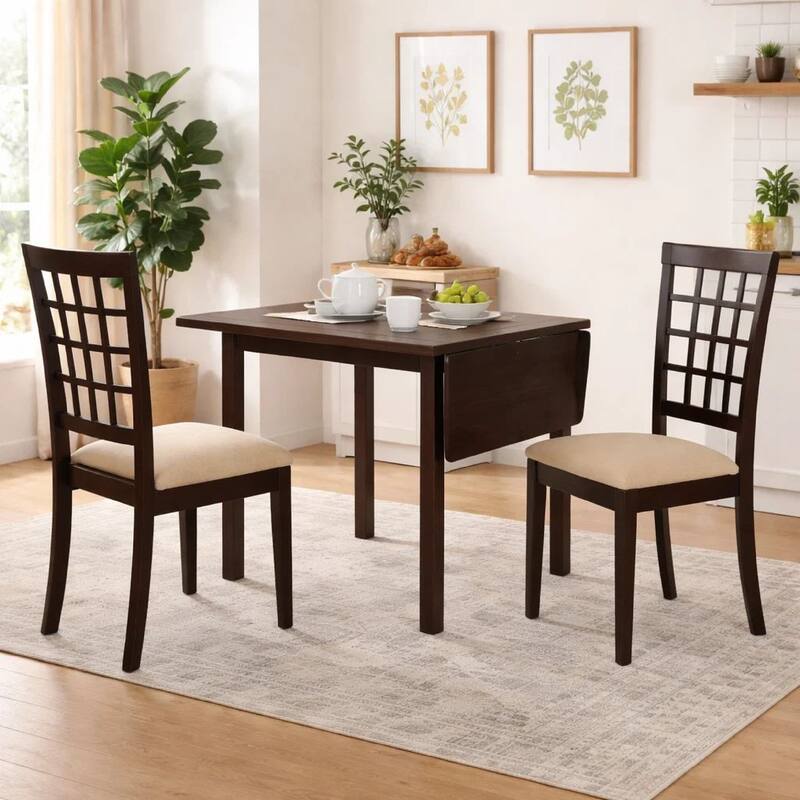 Elso 4pc Dining Set, Table w Drop Leaf, Brown, 3 Lattice Style Chair