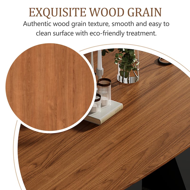 86" Mid Century Modern Dining Table, Brown Solid Wood Tabletop with Black Stainless Steel Legs, Retangular DiningTable for 8-10