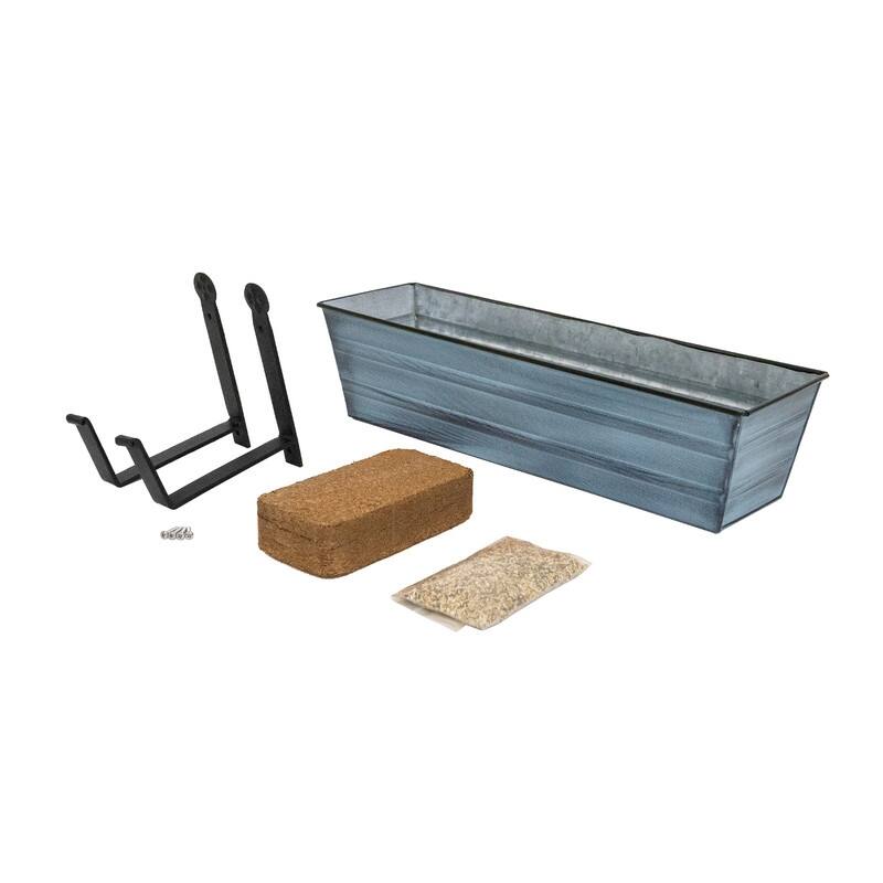 Achla Designs 22" W Galvanized Steel/Wrought Iron Bloom Box Garden Growing Kit With Wall Brackets - Blue