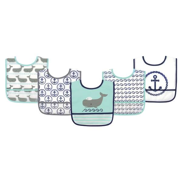 slide 1 of 1, Hudson Baby Infant Boy Waterproof PEVA Bibs 5pk, Whale, One Size - Whale - One Size