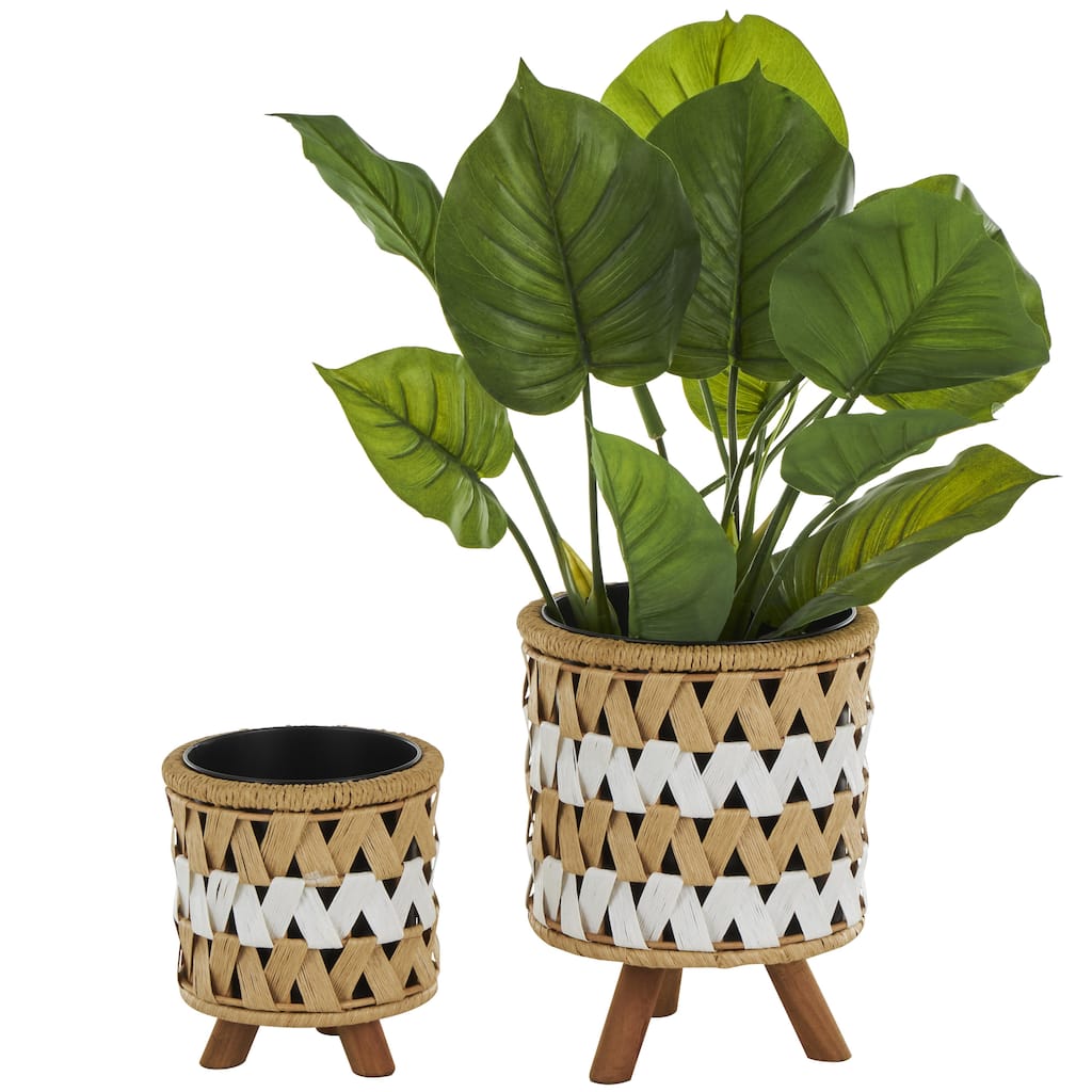 Jute Rope Geometric Handmade Woven Chevron Indoor Planter with Black Metal Pots - Set of 2 Brown - Roche River Decor