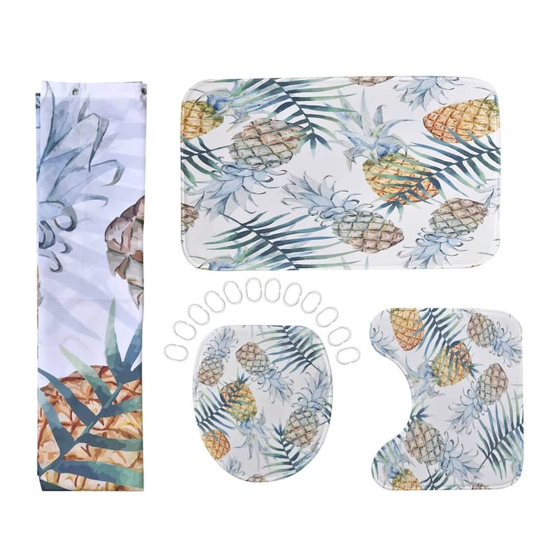 Set of 4 Bathroom Polyester Shower Curtain, Floor Mat, Toilet Cover, - 70 x 70 inches - Green - 70 x 70 inches