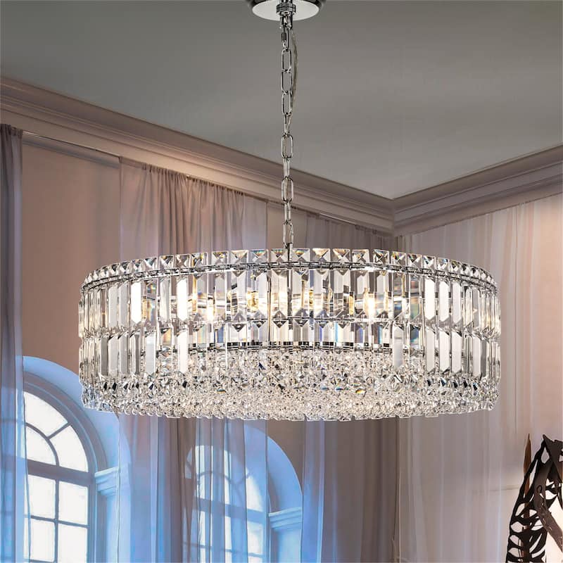8-Lights Modern Drum Crystal Chandelier Round Dining Room Light Fixture - W23.6" - Silver