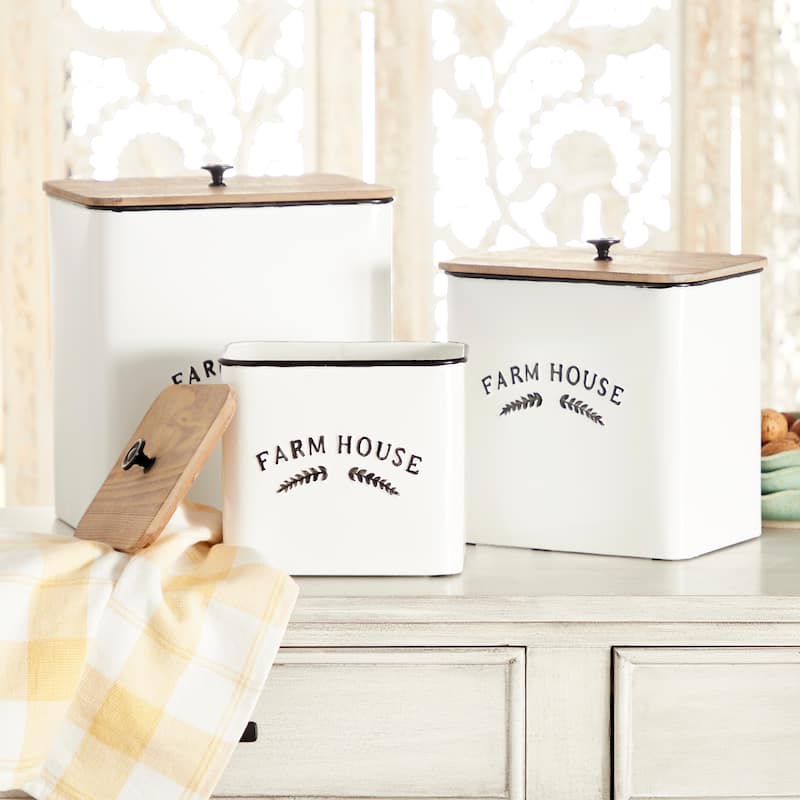 Metal Farm House Canisters with Wood Lids and Black Accents - Set of 3 White - Roche River Decor - 7"W x 10"L x 11"H