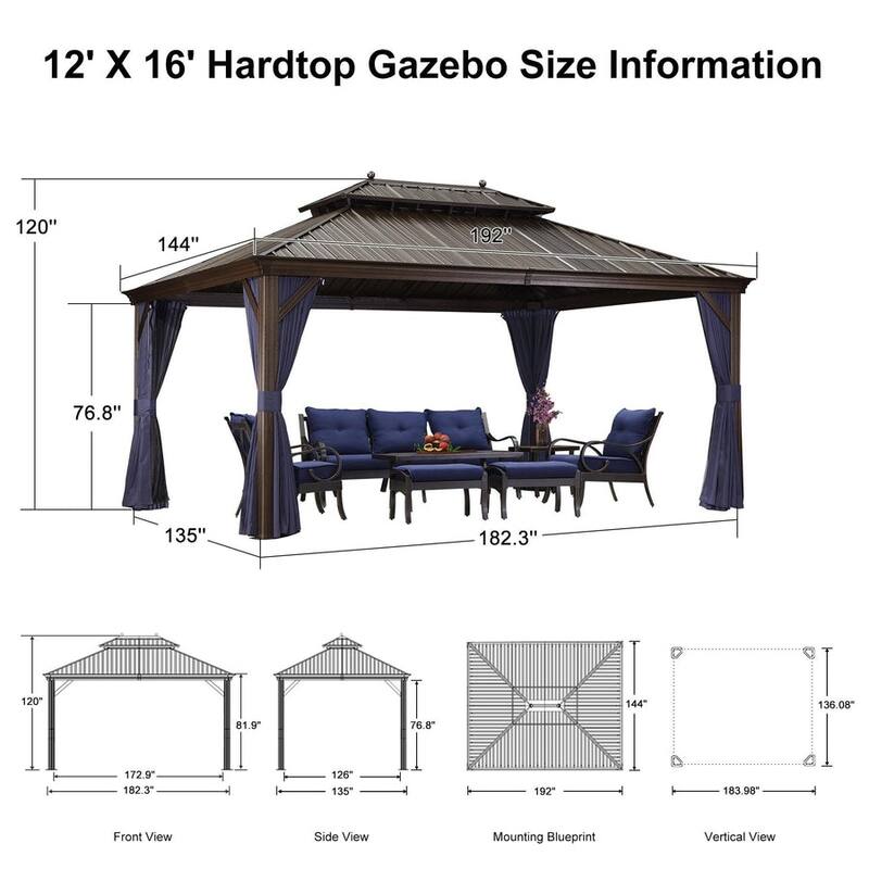 PURPLE LEAF Outdoor Hardtop Gazebo For Patio Bronze Aluminum Frame Pavilion With Navy-Blue Curtain